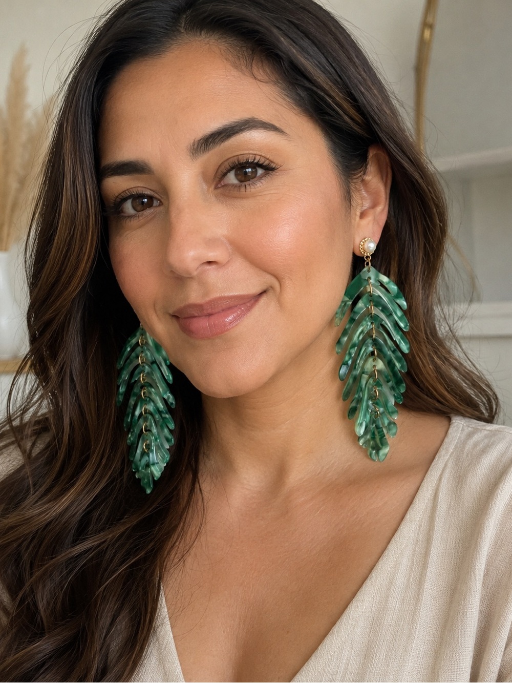 Green Leaf Tropical Cascade Statement Earrings